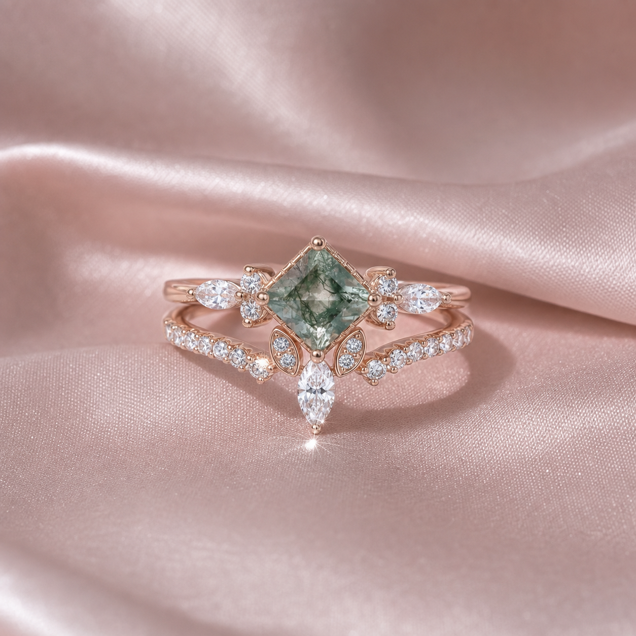 Princess Cut Moss Agate Art Deco Vintage Engagement Ring Set-Black Diamonds New York