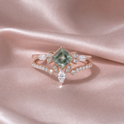 Princess Cut Moss Agate Art Deco Vintage Engagement Ring Set-Black Diamonds New York