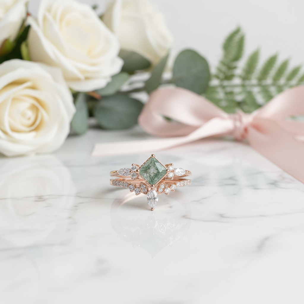 Princess Cut Moss Agate Art Deco Vintage Engagement Ring Set-Black Diamonds New York