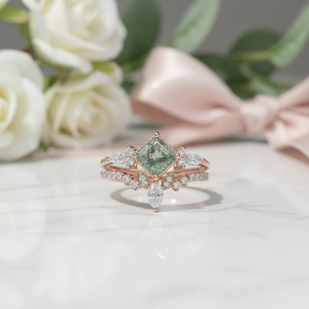 Princess Cut Moss Agate Art Deco Vintage Engagement Ring Set-Black Diamonds New York