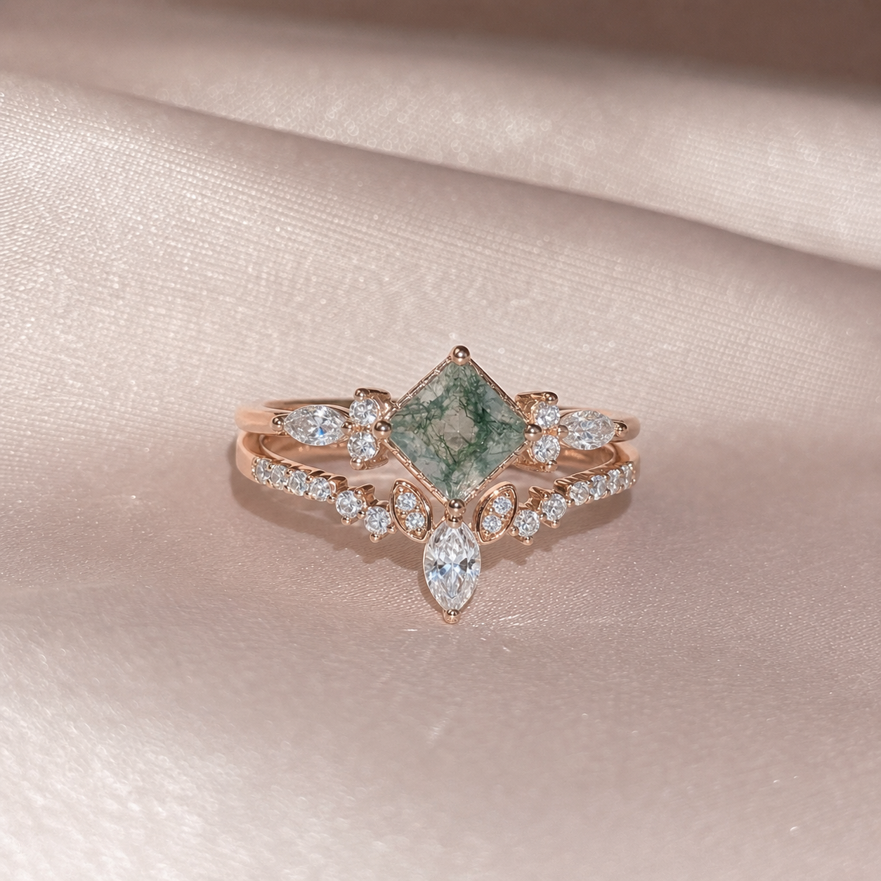 Princess Cut Moss Agate Art Deco Vintage Engagement Ring Set-Black Diamonds New York