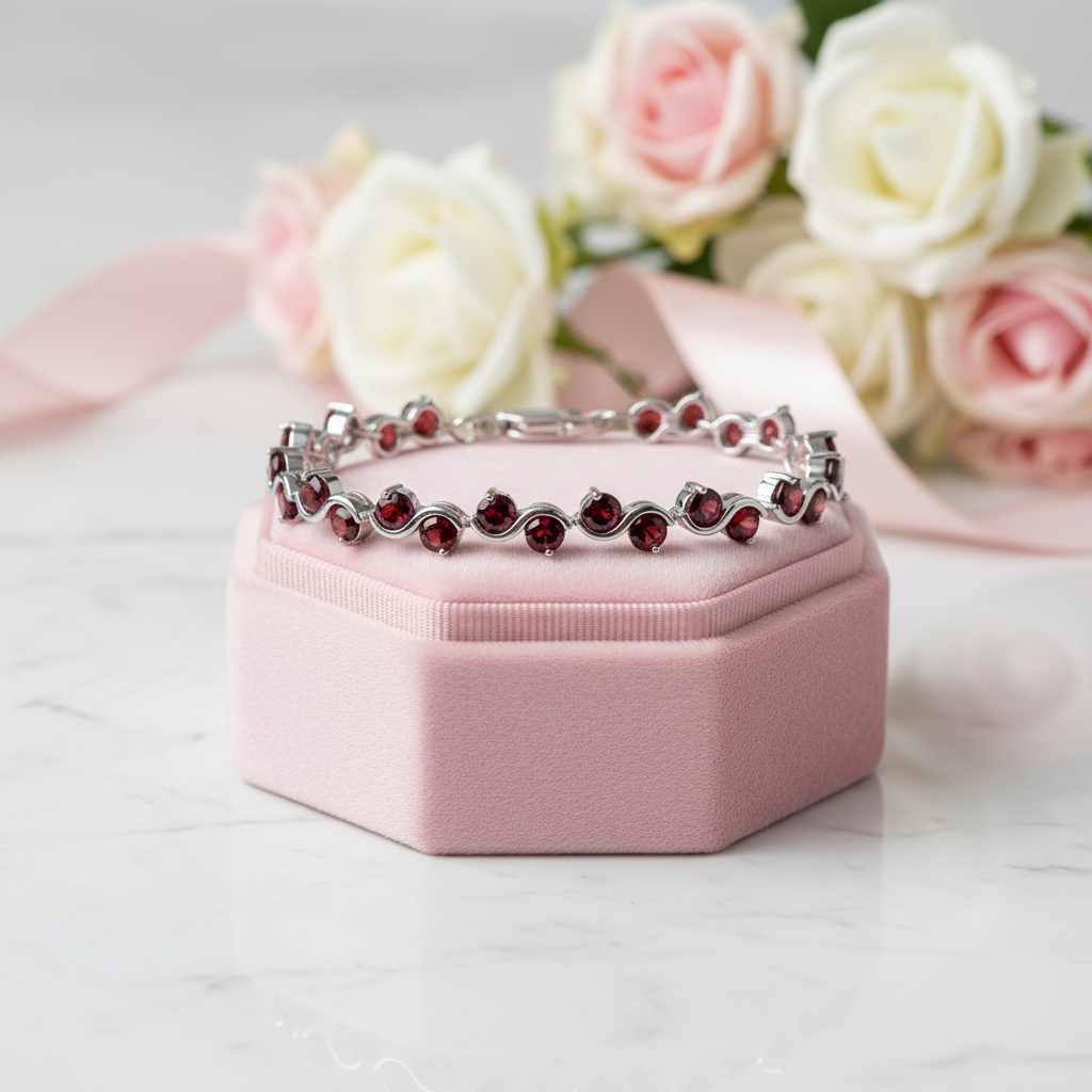 11.79 Ctw Red Garnet Gemstone Bracelet-Black Diamonds New York