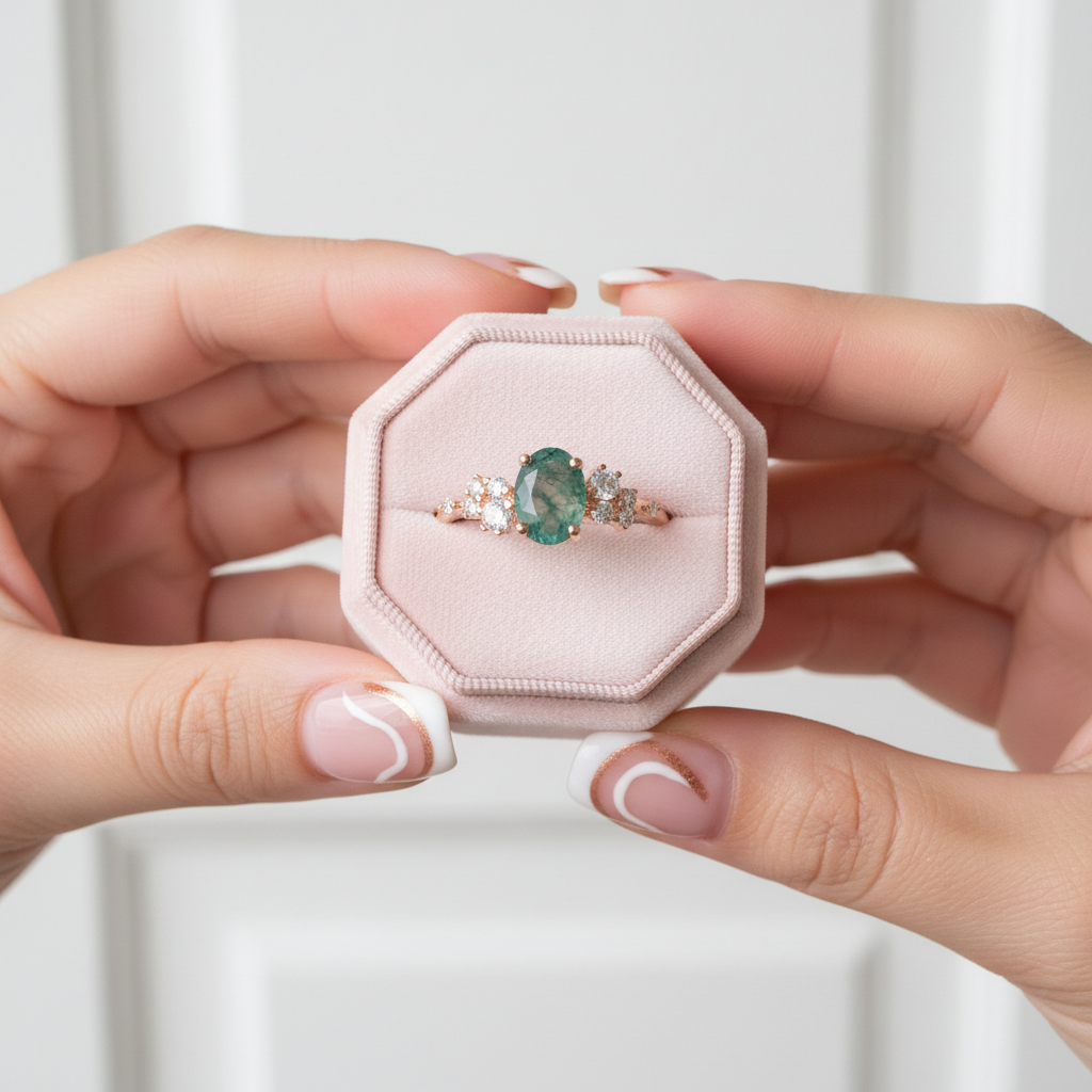 1.18 ctw Oval Cut Moss Agate Antique Bridal Engagement Ring-Black Diamonds New York