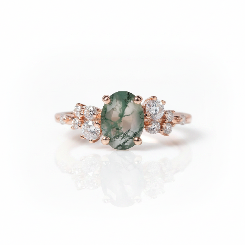 1.18 ctw Oval Cut Moss Agate Antique Bridal Engagement Ring-Black Diamonds New York