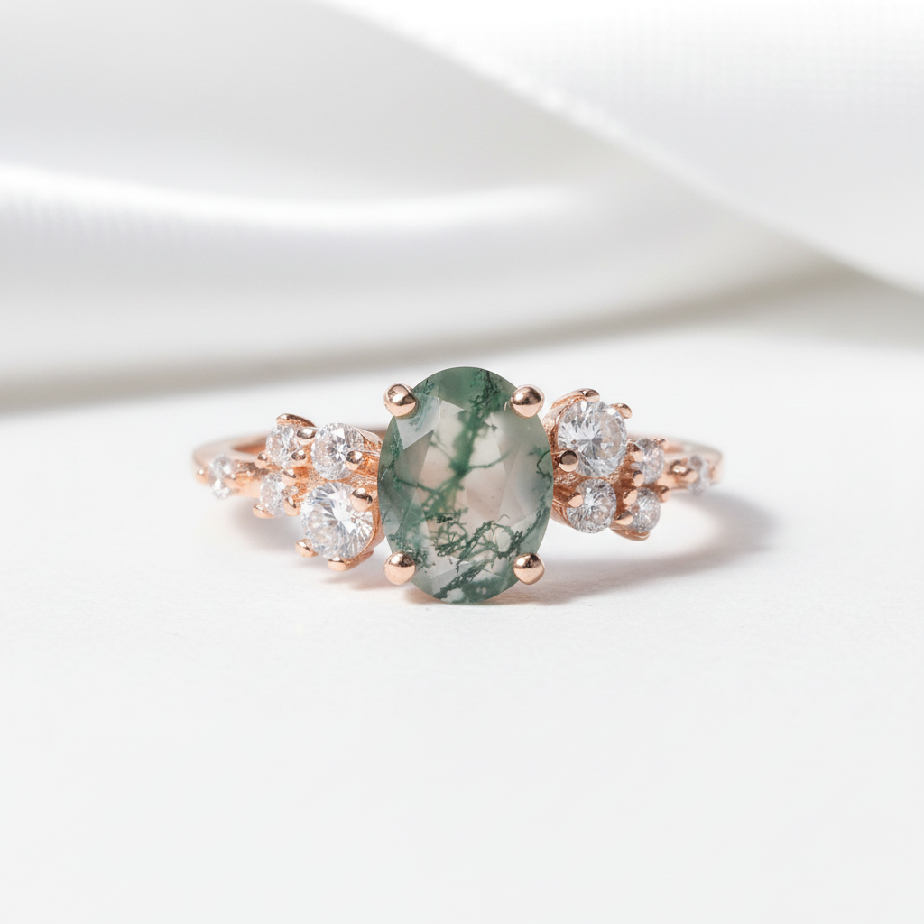 1.18 ctw Oval Cut Moss Agate Antique Bridal Engagement Ring-Black Diamonds New York