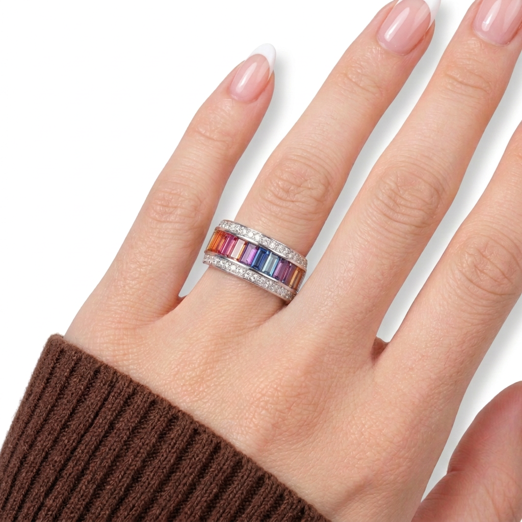 11mm Rainbow Crystal Pave Setting Promise Ring-Black Diamonds New York
