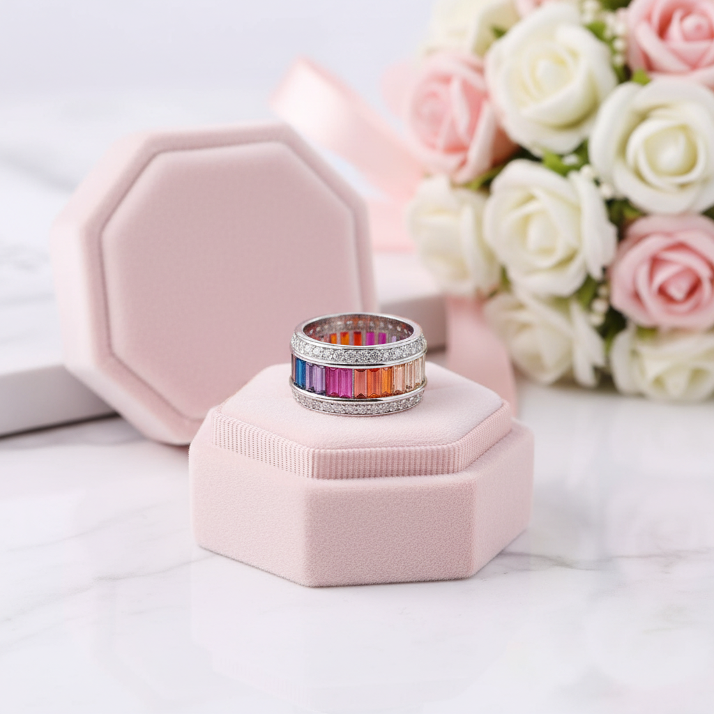 11mm Rainbow Crystal Pave Setting Promise Ring-Black Diamonds New York
