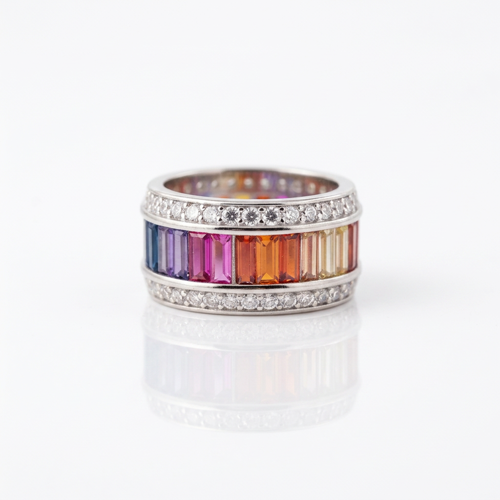11mm Rainbow Crystal Pave Setting Promise Ring-Black Diamonds New York