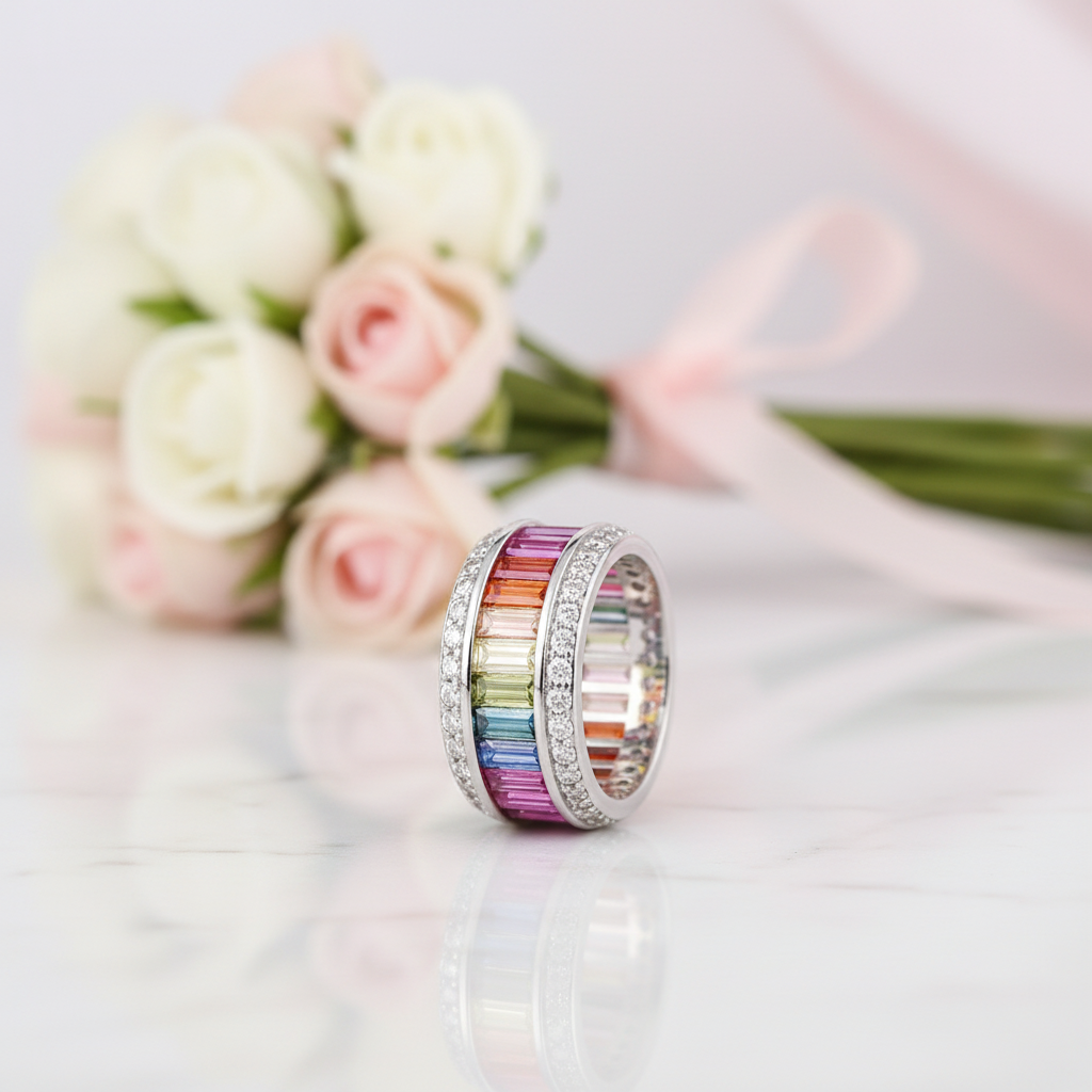 11mm Rainbow Crystal Pave Setting Promise Ring-Black Diamonds New York