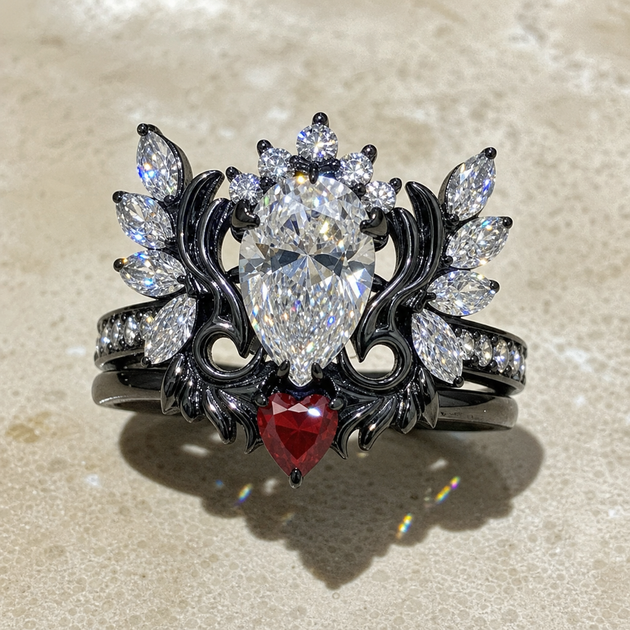 Angel's Wings- 14k White Gold Pear Cut and Red Heart Diamond Option Gothic Promise Ring-Black Diamonds New York