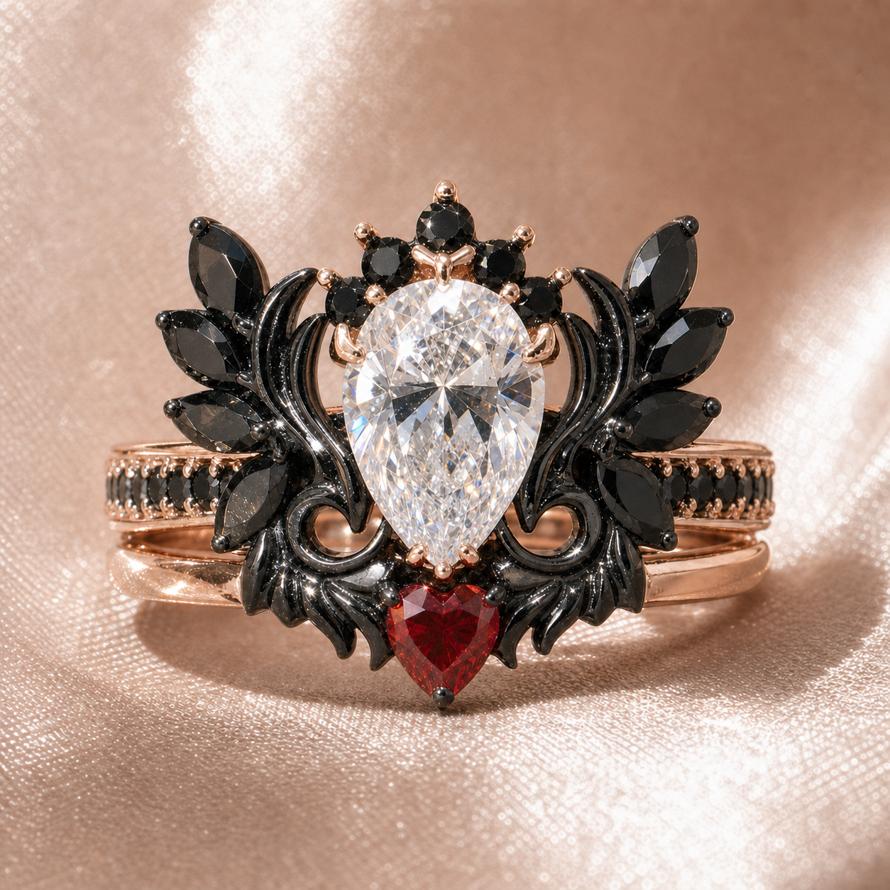 Angel's Wings- 14k White Gold Pear Cut and Red Heart Diamond Option Gothic Promise Ring-Black Diamonds New York