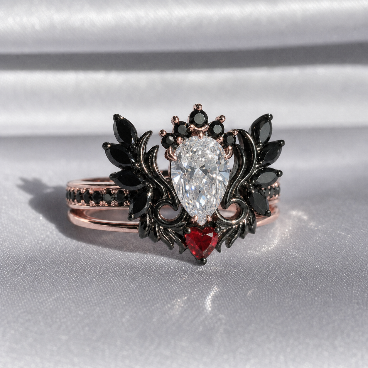 Angel's Wings- 14k White Gold Pear Cut and Red Heart Diamond Option Gothic Promise Ring-Black Diamonds New York