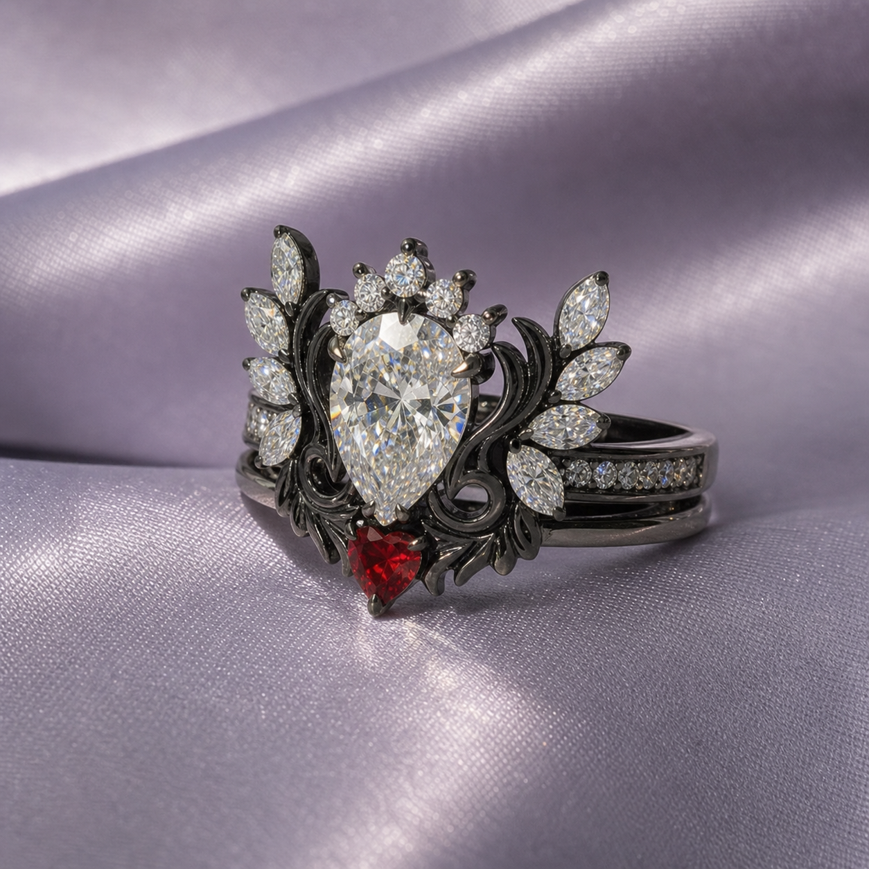 Angel's Wings- 14k White Gold Pear Cut and Red Heart Diamond Option Gothic Promise Ring-Black Diamonds New York
