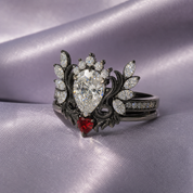 Angel's Wings- 14k White Gold Pear Cut and Red Heart Diamond Option Gothic Promise Ring-Black Diamonds New York
