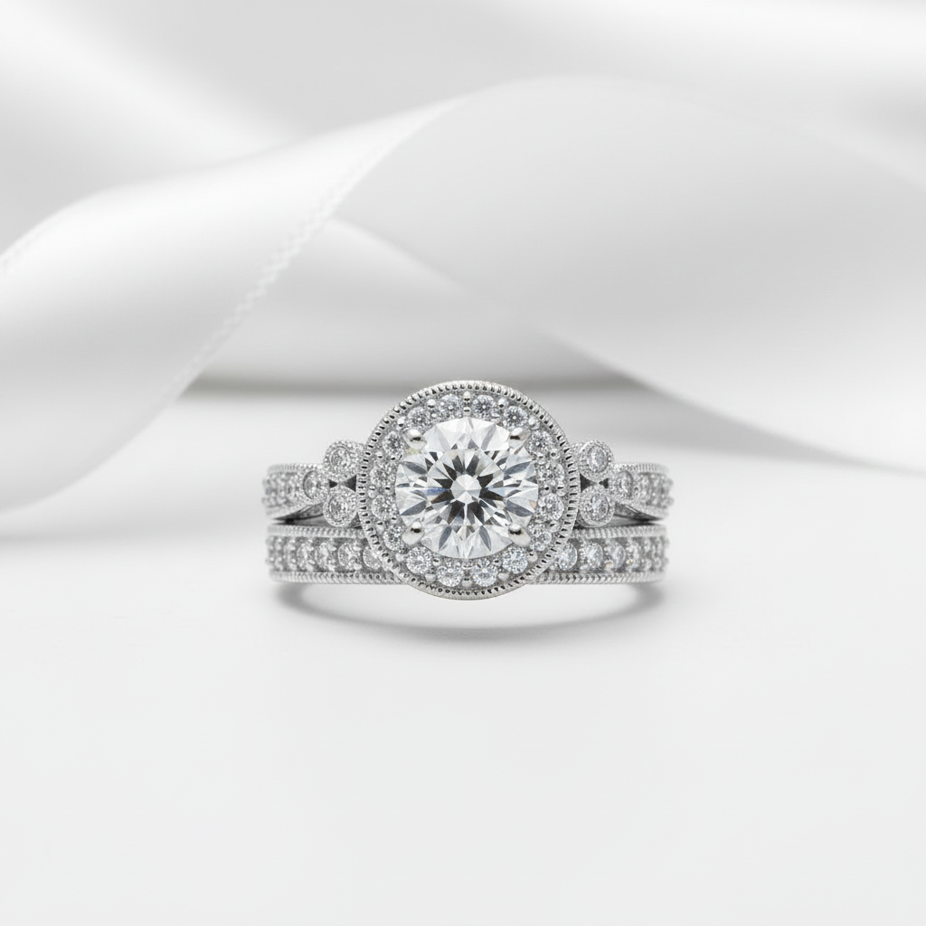 1.2 Ct Round Cut Diamond Option Halo Ring Set-Black Diamonds New York