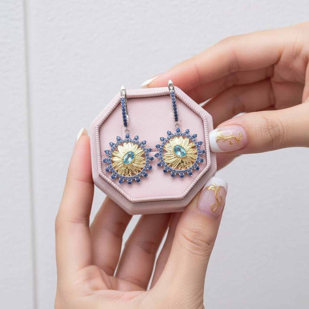 1.20 Ct Swiss Blue Topaz Sunflower Drop Earrings-Black Diamonds New York