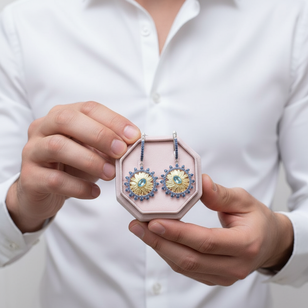 1.20 Ct Swiss Blue Topaz Sunflower Drop Earrings-Black Diamonds New York