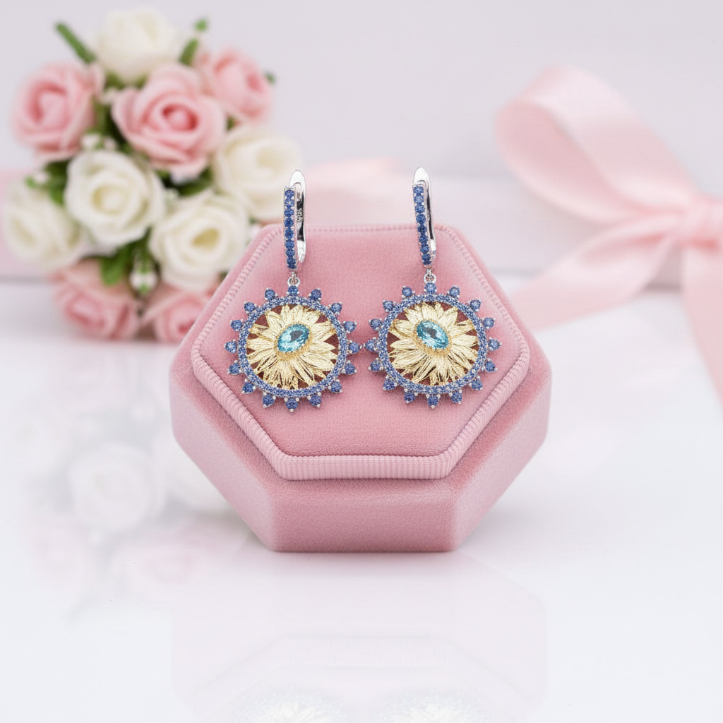 1.20 Ct Swiss Blue Topaz Sunflower Drop Earrings-Black Diamonds New York