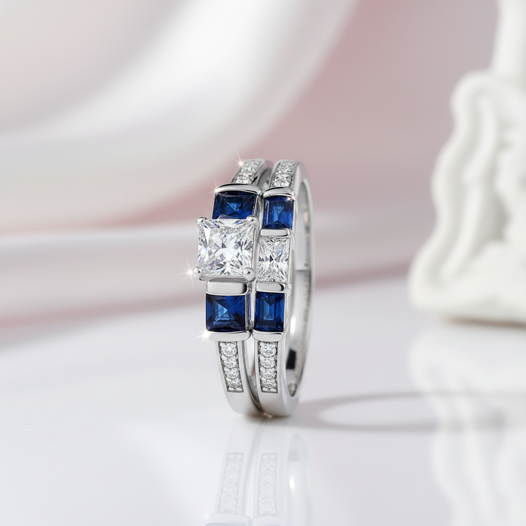 1.24 Ct Princess Cut Clear & Blue Diamond Ring-Black Diamonds New York