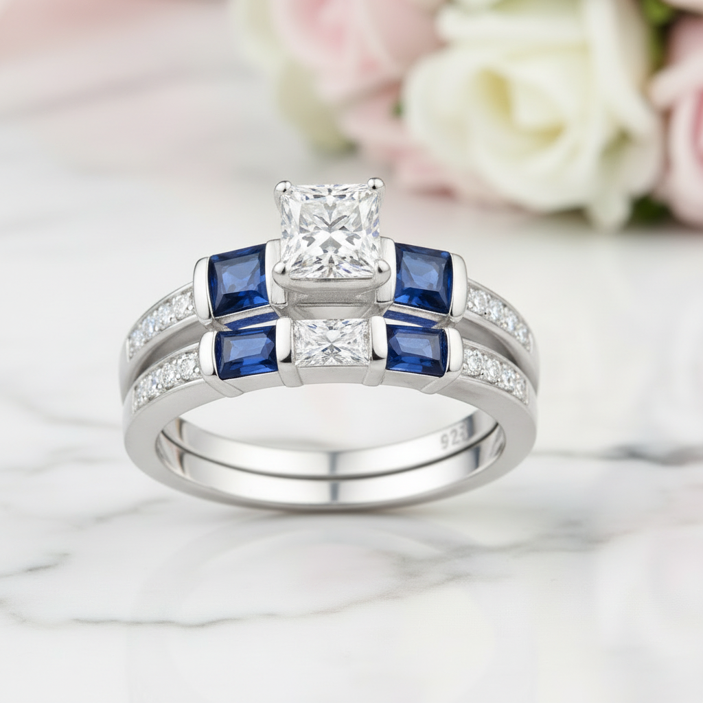 1.24 Ct Princess Cut Clear & Blue Diamond Ring-Black Diamonds New York