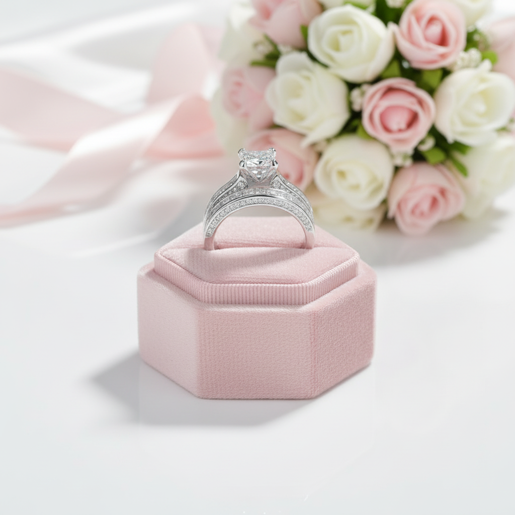 Silver ring in a pink box with flowers in the background