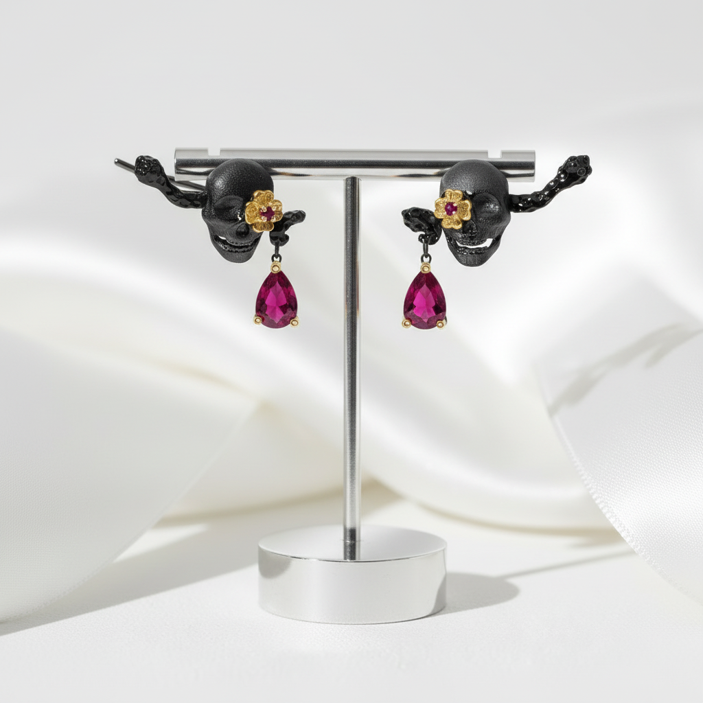 1.26Ct Ruby Gemstone Skull Earrings-Black Diamonds New York