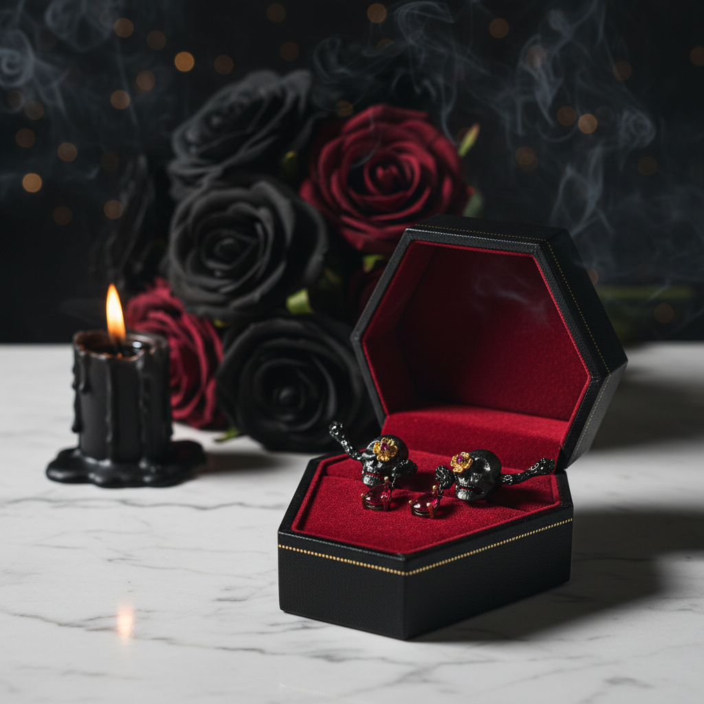 1.26Ct Natural Ruby Gemstone Skull Earrings-Black Diamonds New York