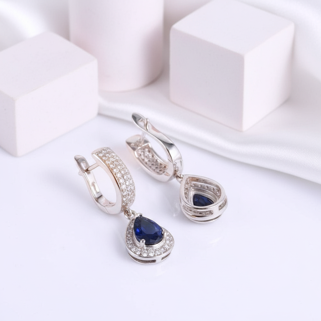 1.29 Ct Natural Sapphire Drop Earrings-Black Diamonds New York