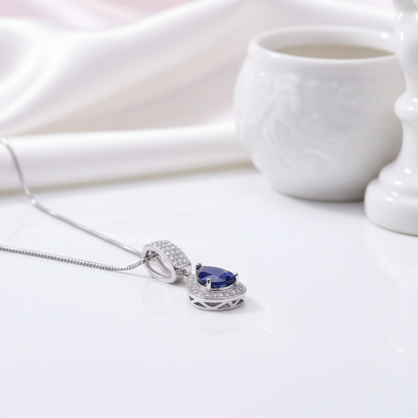 1.29 Ct Natural Water Drop Blue Sapphire Elegant Pendant Necklace-Black Diamonds New York