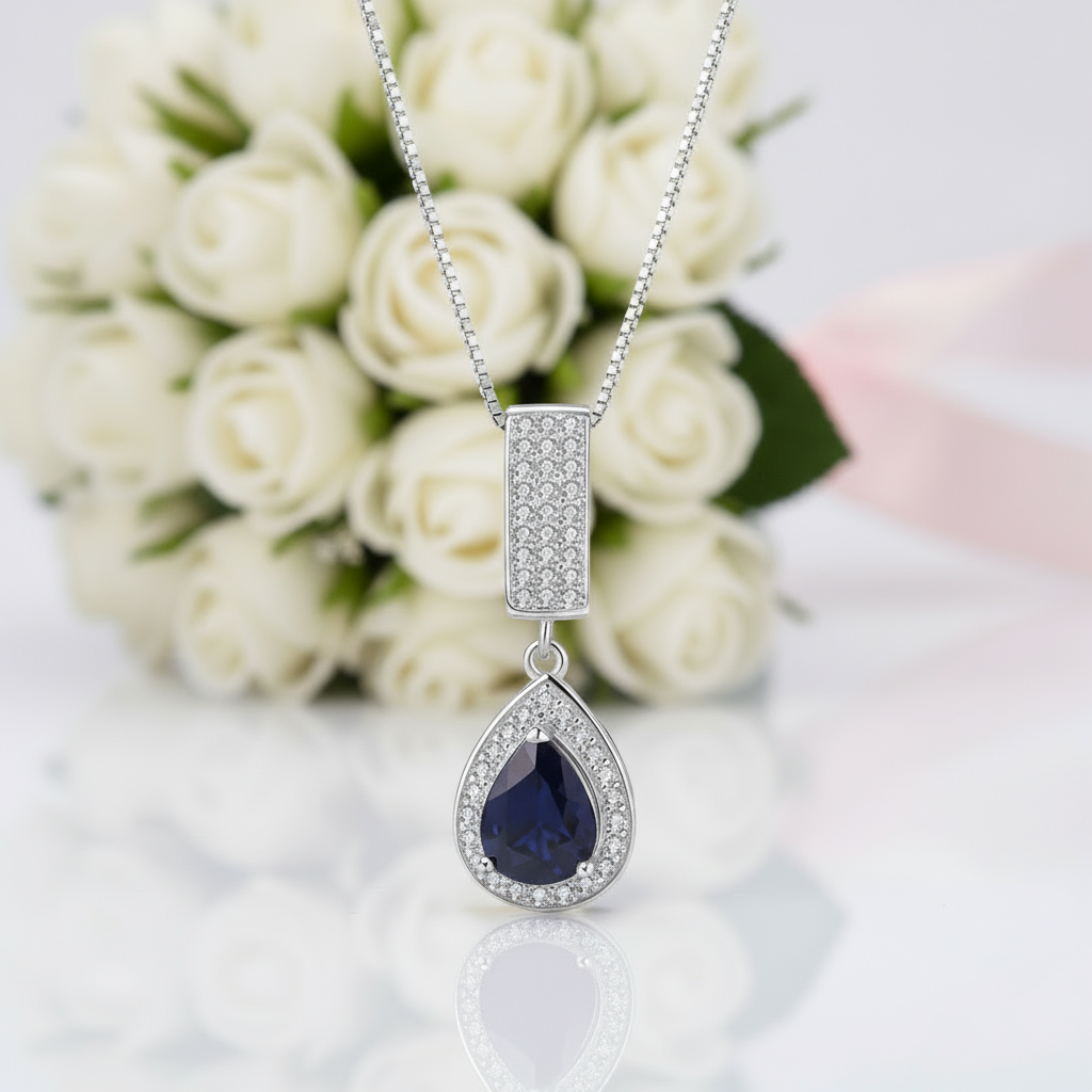 1.29 Ct Natural Water Drop Blue Sapphire Elegant Pendant Necklace-Black Diamonds New York