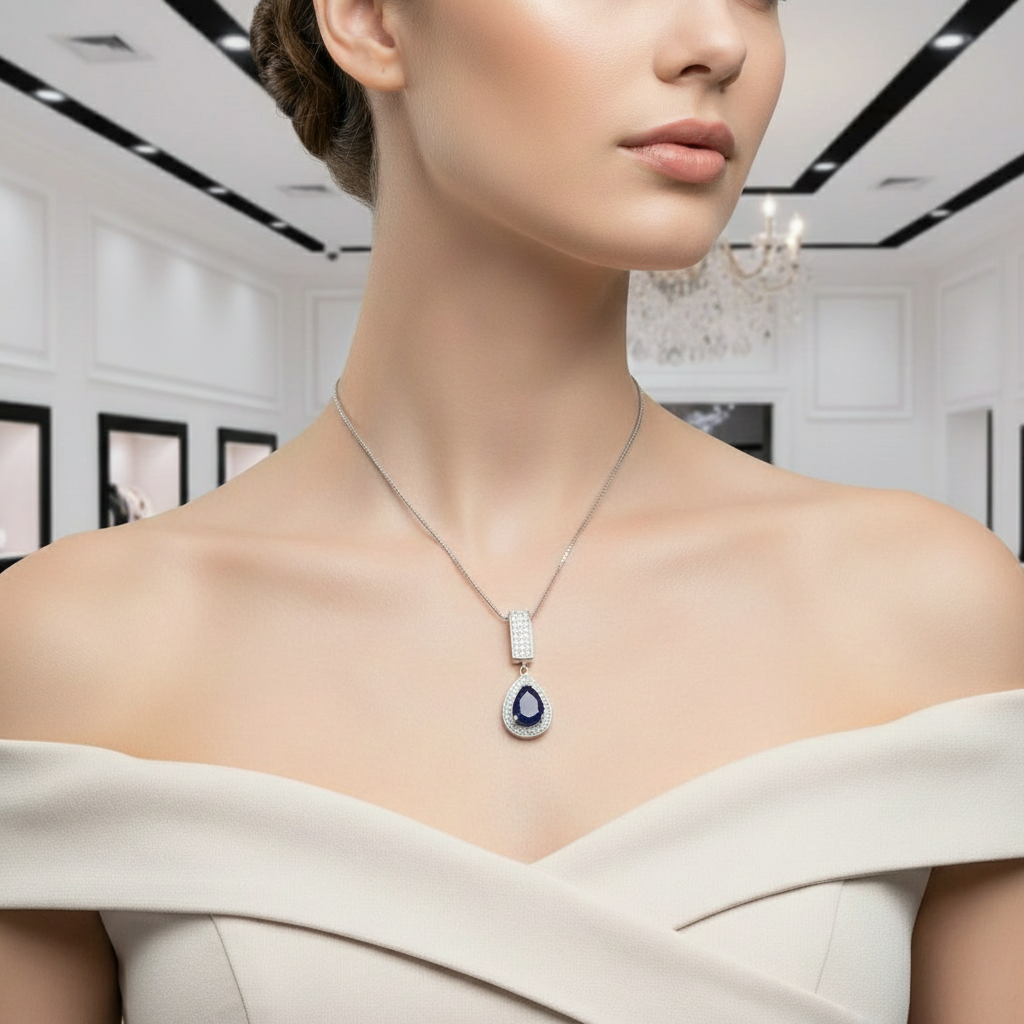 1.29 Ct Natural Water Drop Blue Sapphire Elegant Pendant Necklace-Black Diamonds New York