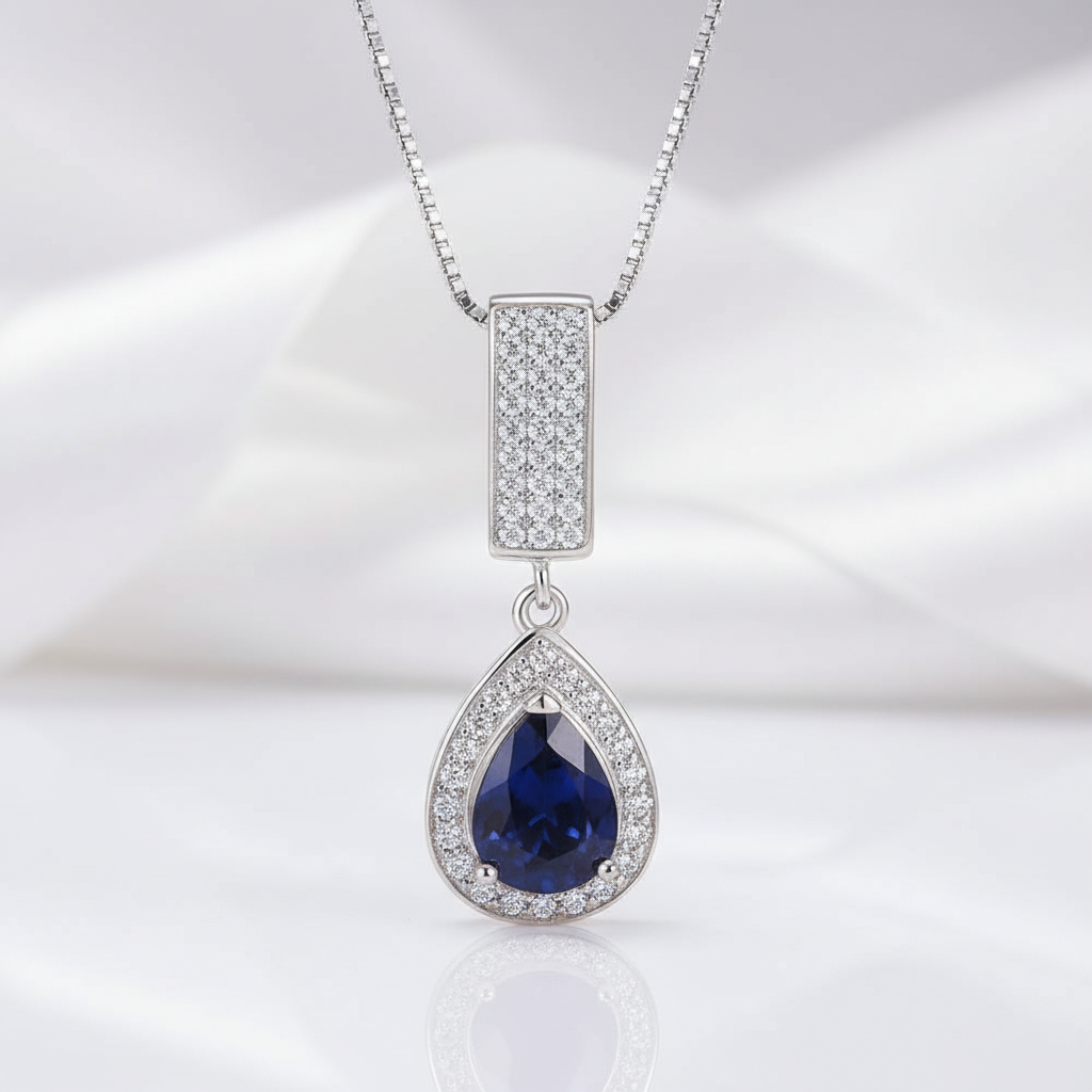 1.29 Ct Natural Water Drop Blue Sapphire Elegant Pendant Necklace-Black Diamonds New York