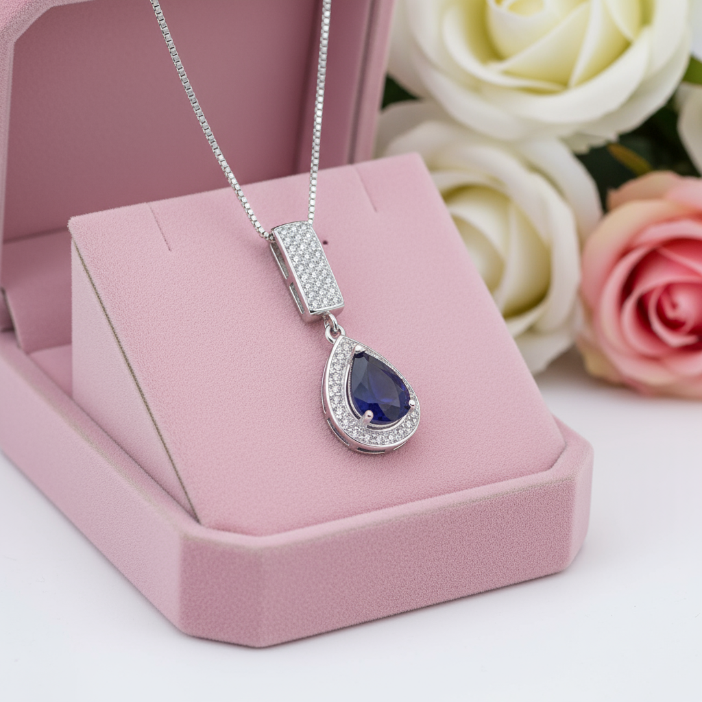 1.29 Ct Water Drop Blue Sapphire Elegant Pendant Necklace-Black Diamonds New York