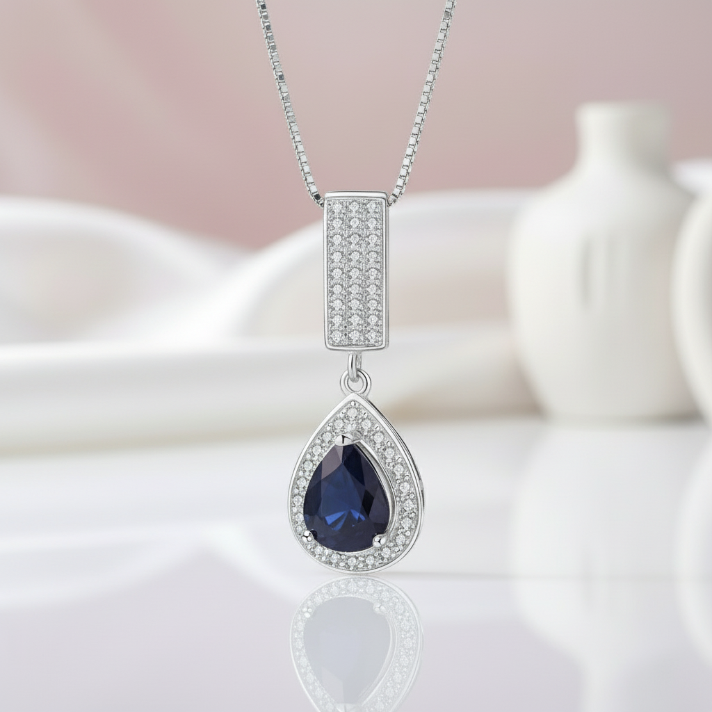 1.29 Ct Natural Water Drop Blue Sapphire Elegant Pendant Necklace-Black Diamonds New York