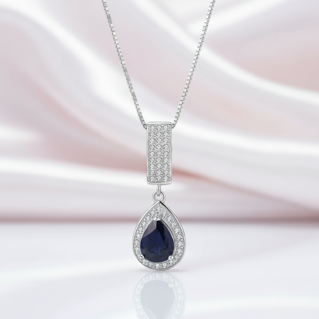 1.29 Ct Water Drop Blue Sapphire Elegant Pendant Necklace-Black Diamonds New York