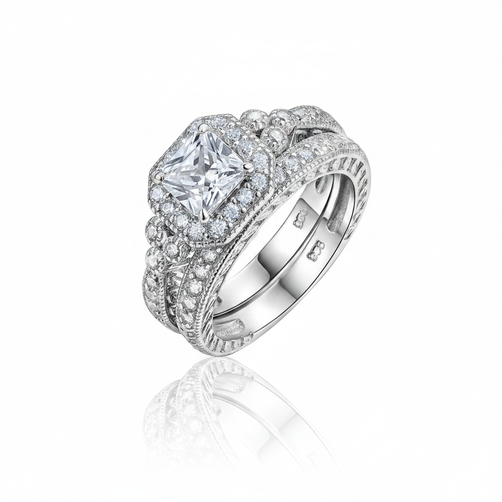 1.2ct Princess Cut Diamond Option Halo Vintage Option Ring Set-Black Diamonds New York
