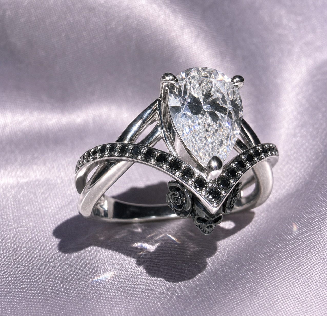 Only You- 1.5 Carat Pear Cut Diamond Option Skull & Roses Wedding Ring-Black Diamonds New York