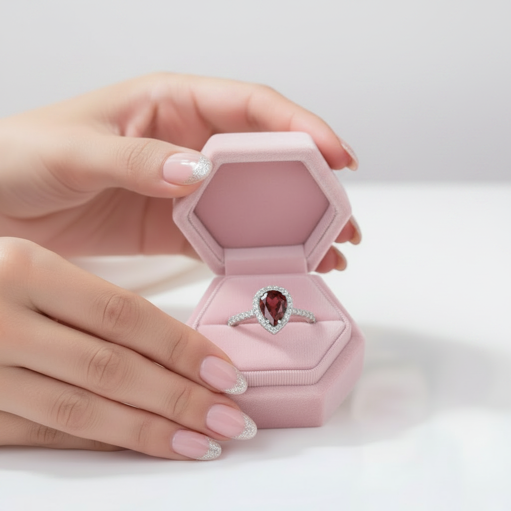 A silver ring with a teardrop-shaped red gemstone is displayed inside an open pink hexagonal jewelry box, held by two hands with light pink manicured nails and silver glitter tips.