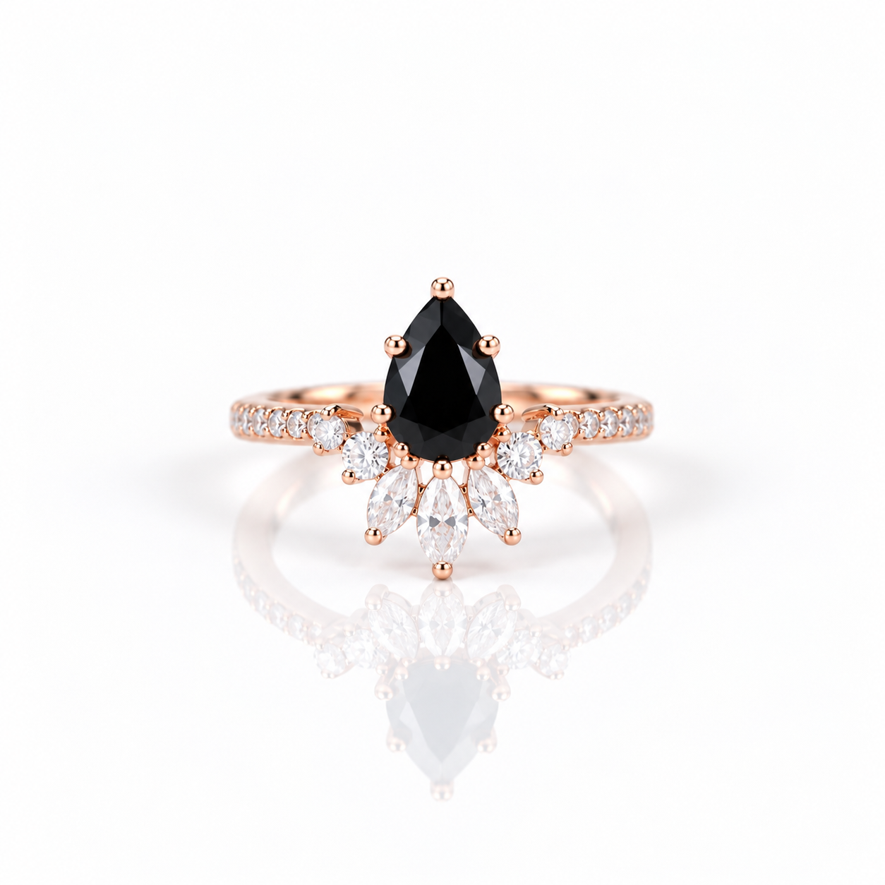 14K Rose Gold Pear Cut Onyx Cocktail Ring-Black Diamonds New York