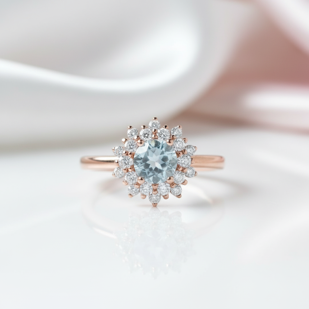 14k Gold 1.2 Ct Moonstone Round Cut Halo Engagement Ring-Black Diamonds New York