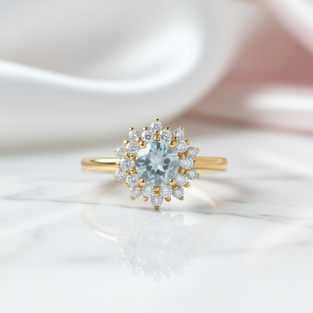 14k Gold 1.2 Ct Moonstone Round Cut Halo Engagement Ring-Black Diamonds New York