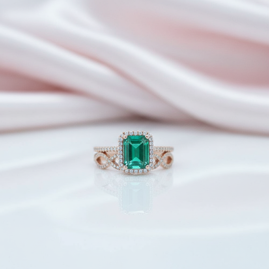 14K Gold Emerald Cut Green Diamond Option Wedding Ring Set-Black Diamonds New York