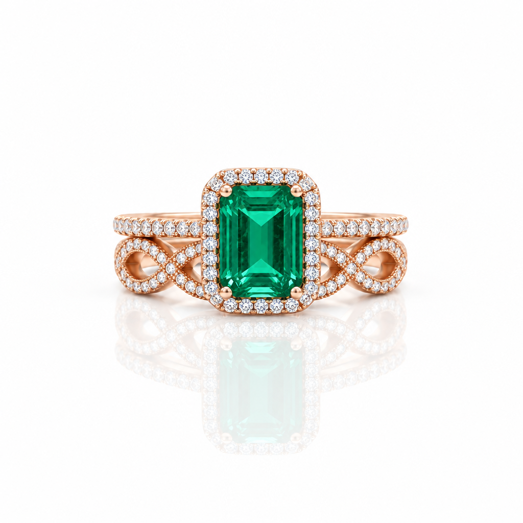 14k Gold Emerald Cut Green Diamond Option Wedding Ring Set-Black Diamonds New York