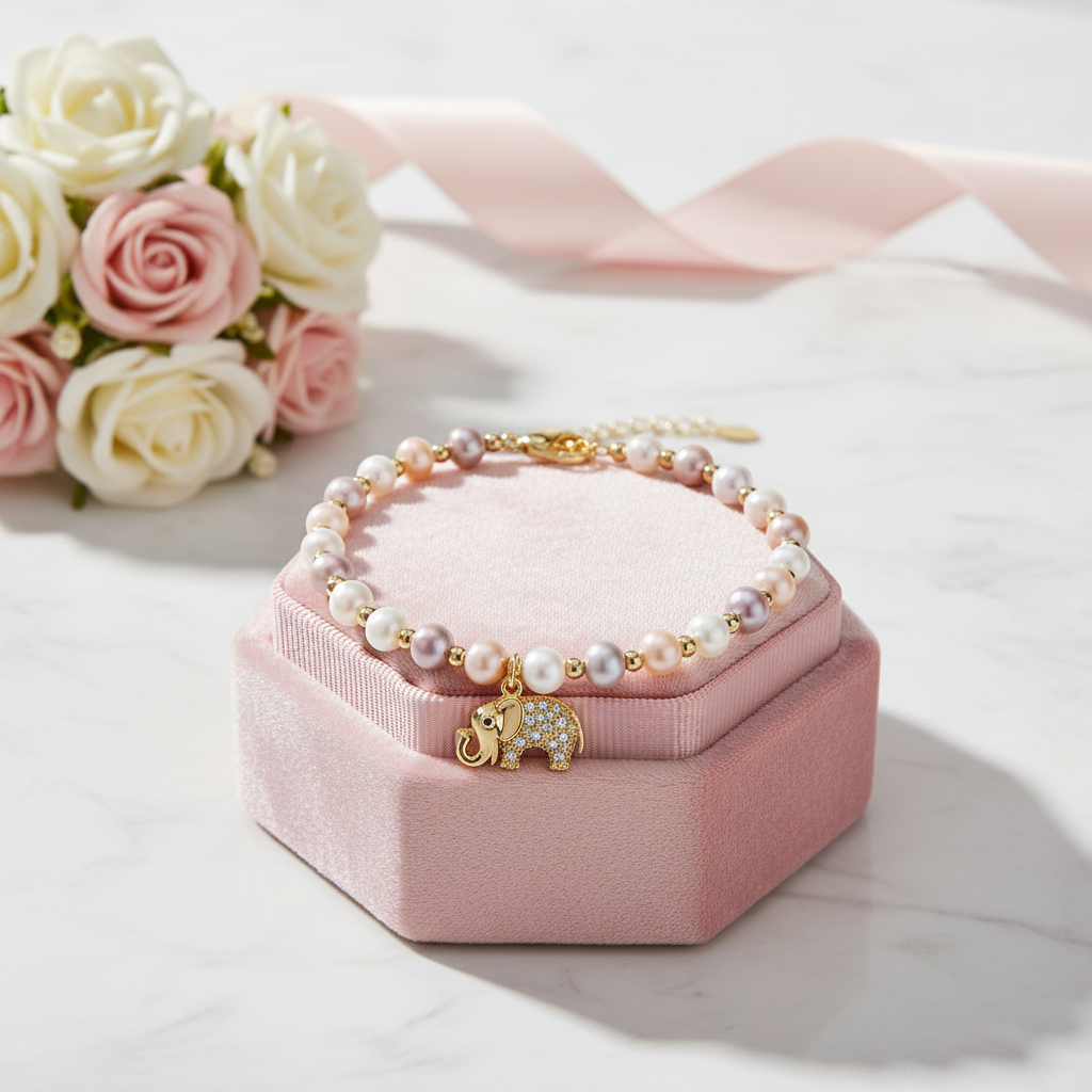 14k Gold Filled Freshwater Pearl Lovely Elephant Charm Bracelet-Black Diamonds New York