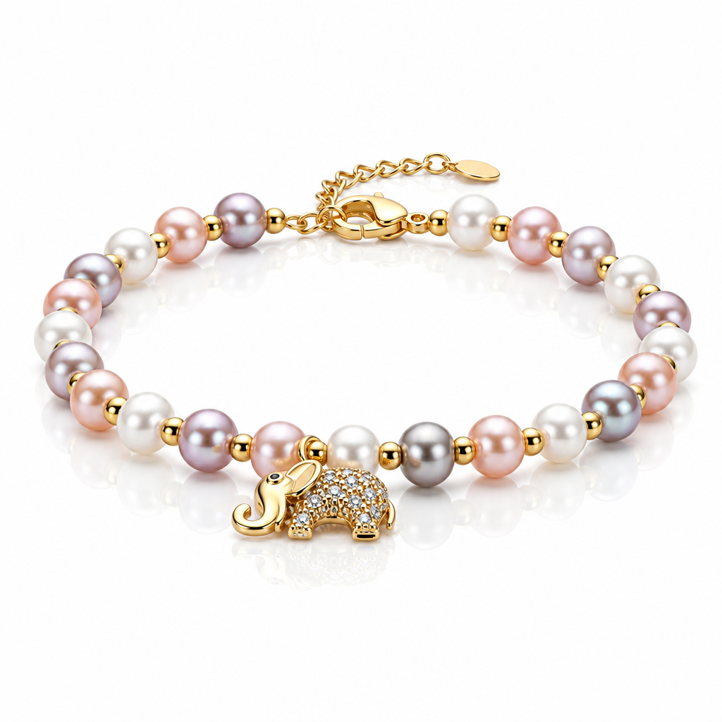 14k Gold Filled Freshwater Pearl Lovely Elephant Charm Bracelet-Black Diamonds New York