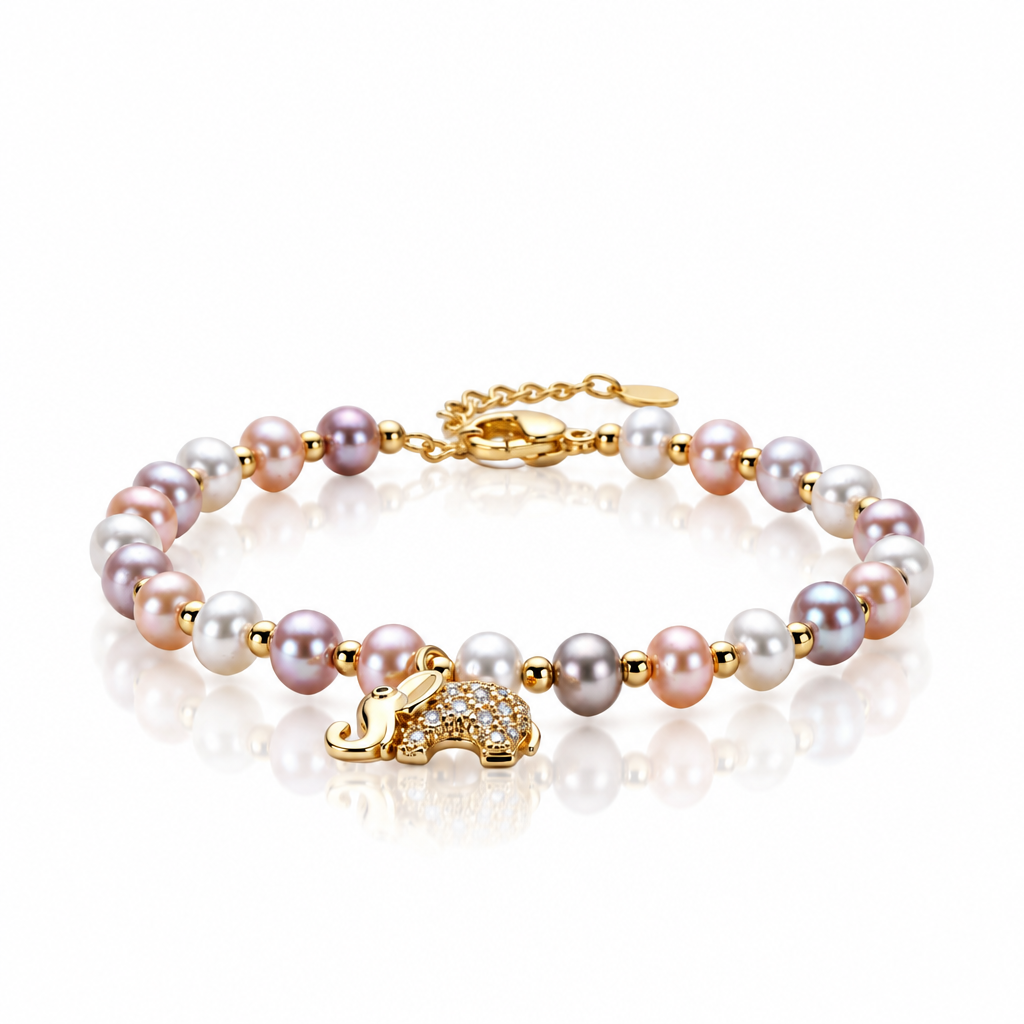 14k Gold Filled Freshwater Pearl Lovely Elephant Charm Bracelet-Black Diamonds New York