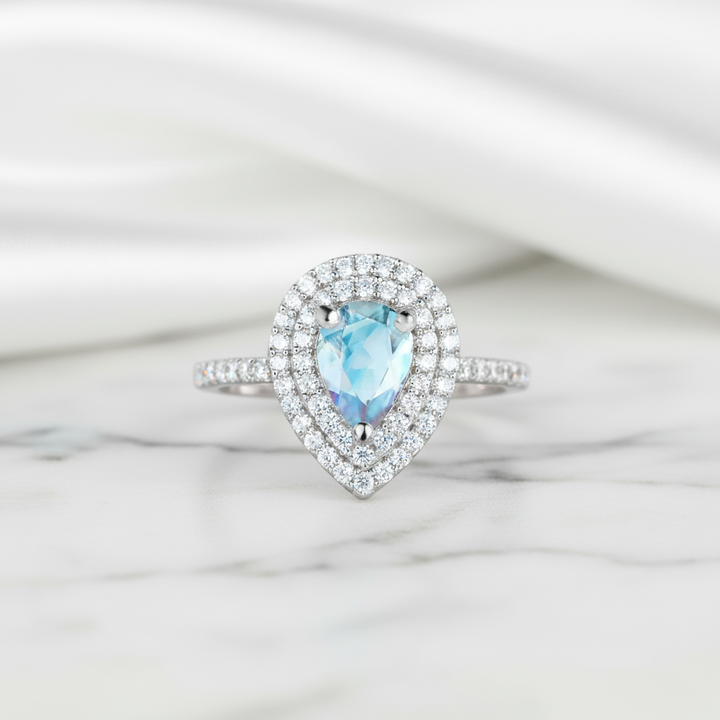 14k Gold Moonstone 1ct Pear Cut Engagement Ring-Black Diamonds New York