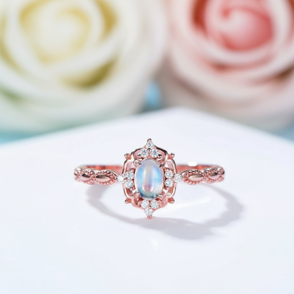 14k Gold Natural Cabochon Moonstone .7ct Oval Cut Engagement Ring-Black Diamonds New York