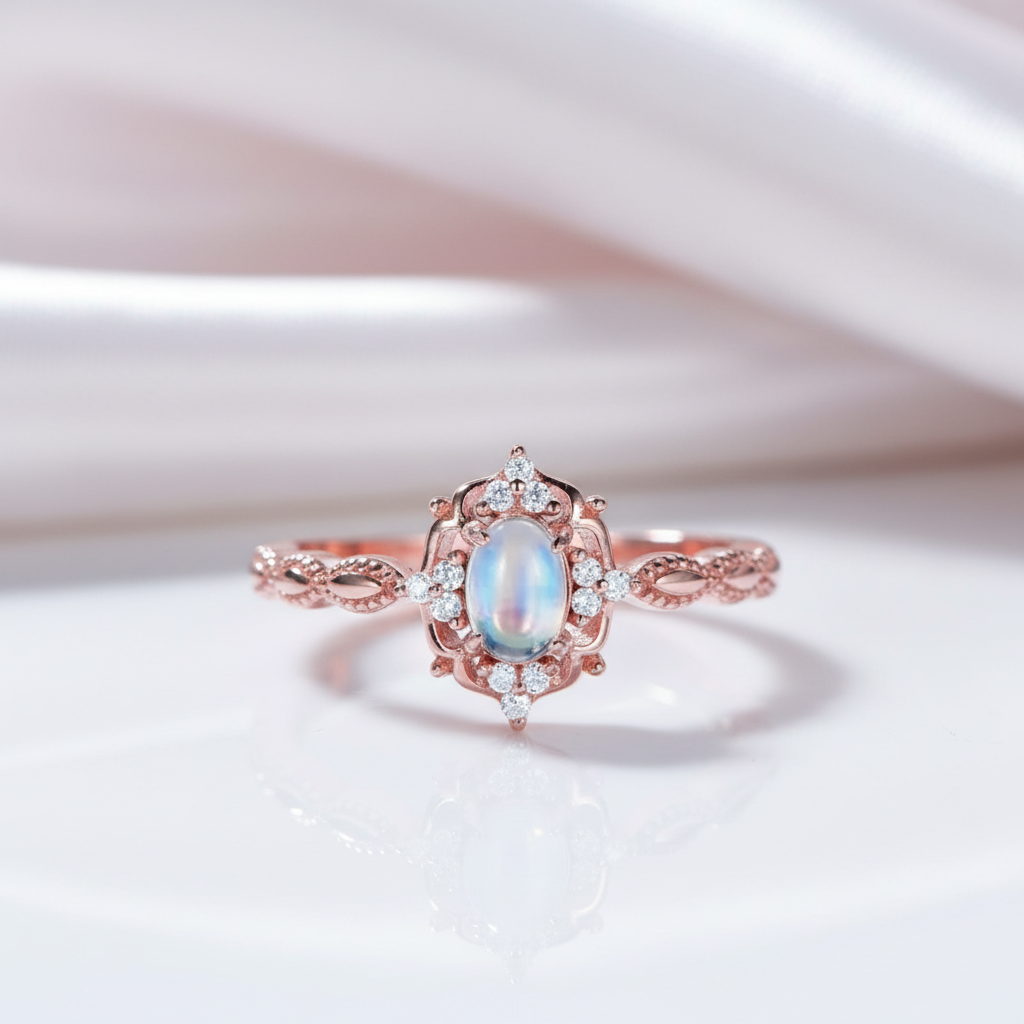 14k Gold Cabochon Moonstone .7ct Oval Cut Engagement Ring-Black Diamonds New York