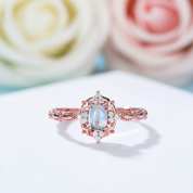 14k Gold Natural Cabochon Moonstone .7ct Oval Cut Engagement Ring-Black Diamonds New York